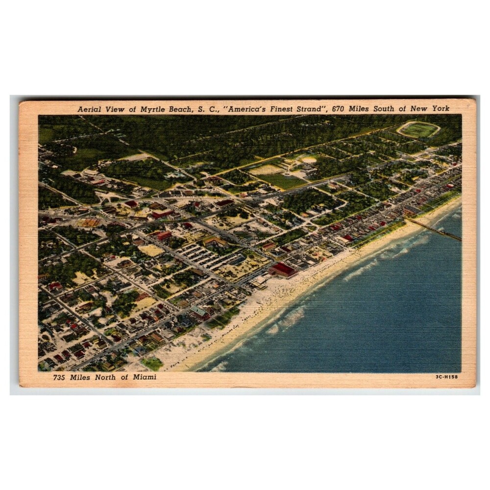 Myrtle Beach SC Aerial View Postcard 1962 Curteich Linen Ocean Beach Pier